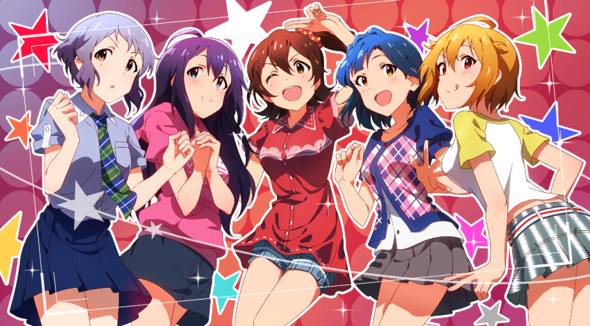 5girls, aqua_eyes, blue_hair, braid, brown_eyes, brown_hair, ibuki_tsubasa, idolmaster