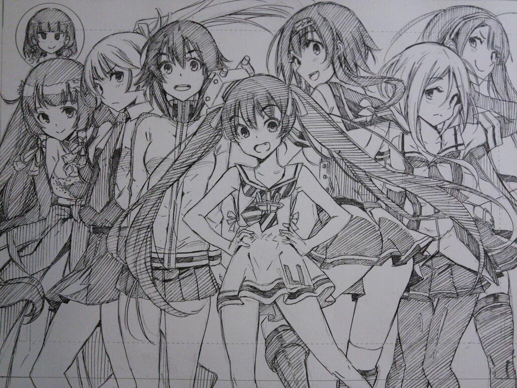 >:(, >:), 6+girls, :d, ass, dress, fang, from_behind