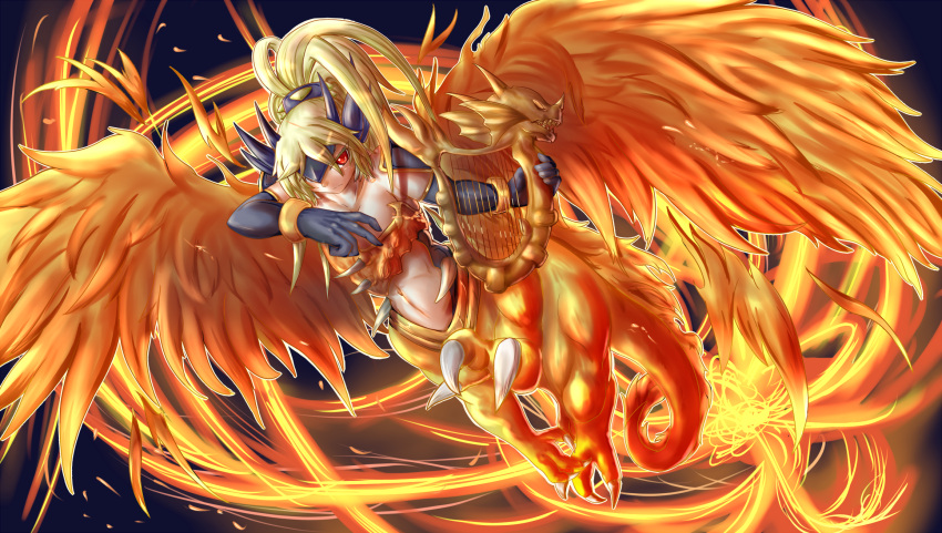 1girl, blonde_hair, breasts, cleavage, collarbone, dragon, dragon_girl, duel_monster