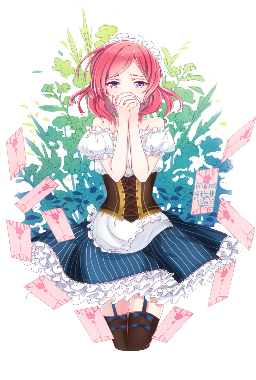 1girl, duzie_e, envelope, highres, love_live!_school_idol_project, maid, nishikino_maki, redhead, short_hair, solo, tears, violet_eyes