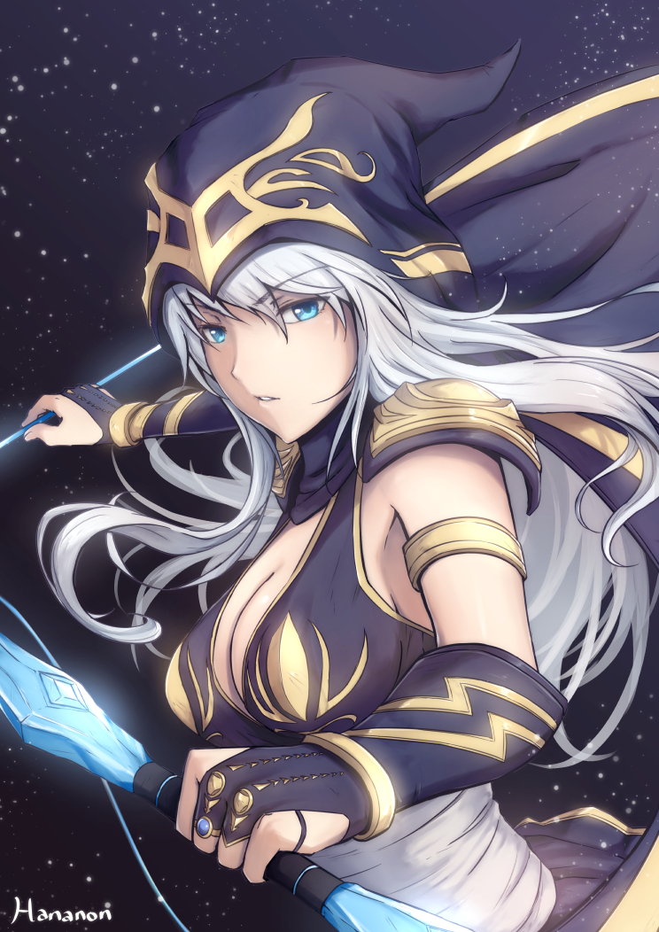 ashe_(league_of_legends), blue_eyes, bow_(weapon), breasts, bridal_gauntlets, cleavage, hananon, hood