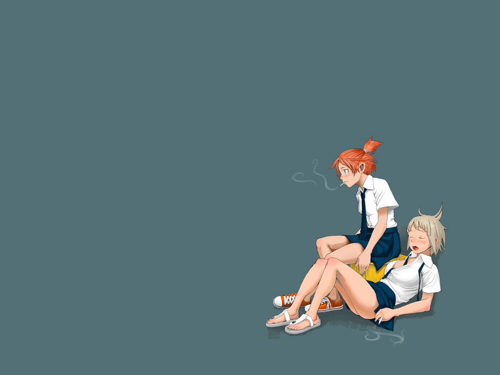 ass, blush, cigarette, legs, momio, multiple_girls, necktie, no_socks