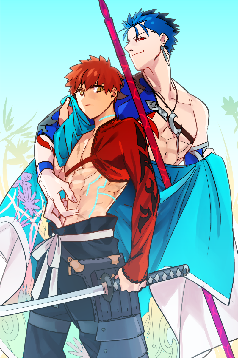 blue_hair, cape, earrings, emiya_shirou, fate/grand_order, fate_(series), gae_bolg, highres
