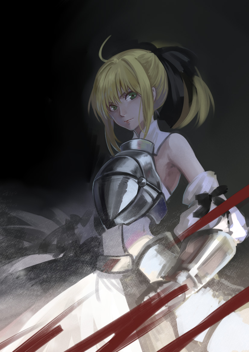1girl, ahoge, armor, armored_dress, bare_shoulders, blonde_hair, breastplate, detached_sleeves, dingdang, dress, fate/unlimited_codes, fate_(series), green_eyes, ponytail, saber, saber_lily, solo