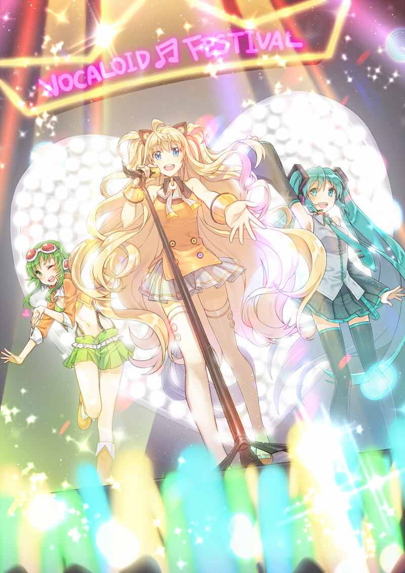 3girls, :d, ;d, ahoge, aqua_eyes, aqua_hair, arms_up, blonde_hair
