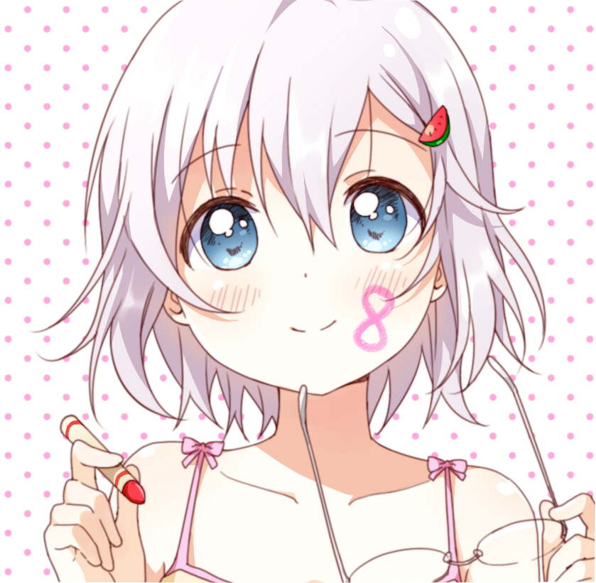1girl, blue_eyes, casual, countdown, crayon, glasses, glasses_removed, grey_hair