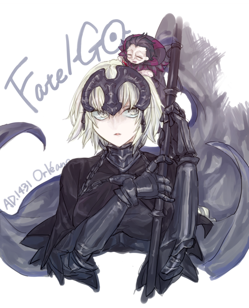 1girl, armor, blonde_hair, braid, caster_(fate/zero), chibi, dark_persona, fate/apocrypha, fate/grand_order, fate/zero, fate_(series), flag, gauntlets, headpiece, jeanne_alter, long_hair, ruler_(fate/apocrypha), shokushu_no_iru_seikatsu, single_braid, solo, yellow_eyes