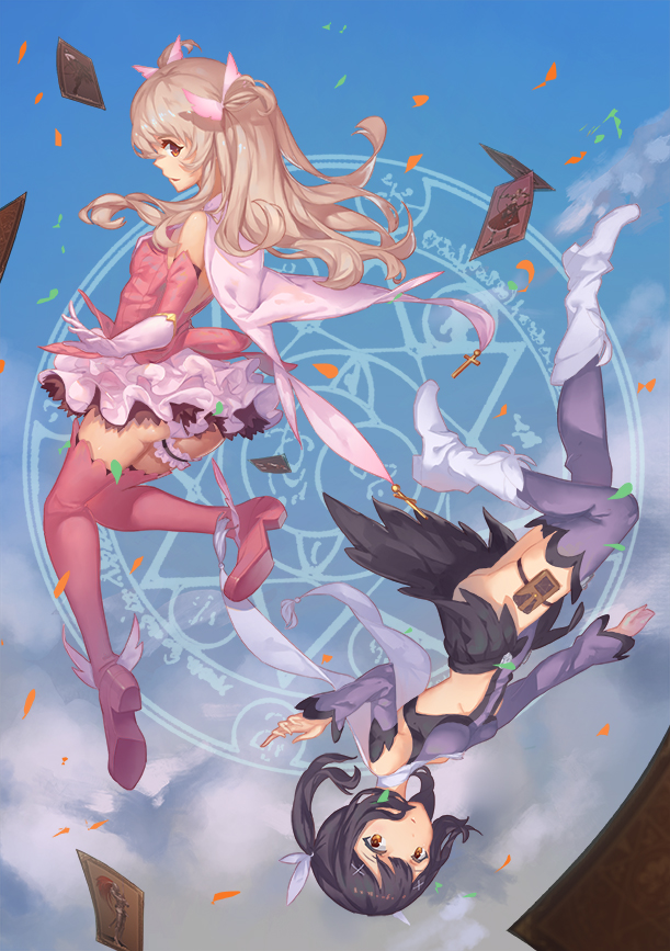 2girls, black_hair, boots, fate/kaleid_liner_prisma_illya, fate_(series), illyasviel_von_einzbern, magic_circle, magical_girl