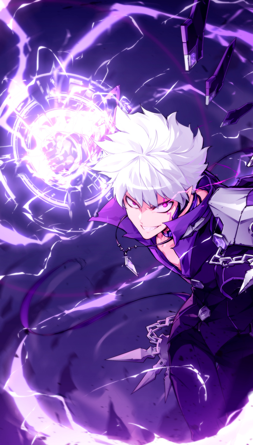 1boy, absurdres, add_(elsword), clenched_hand, elsword, energy, facial_mark, grin, highres, hwansang, jewelry, lunatic_psyker_(elsword), male_focus, necklace, pants, purple_shirt, shirt, smile, solo, tattoo, violet_eyes, white_hair