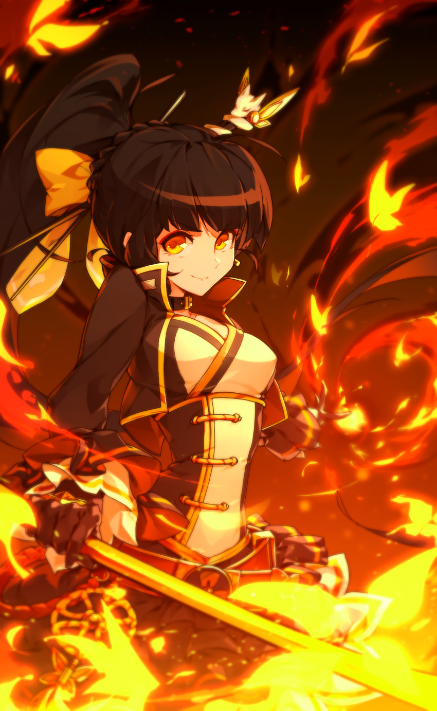 1girl, absurdres, ara_han, belt, black_gloves, black_hair, black_skirt, bow, braid, butterfly, corset, elsword, gloves, hair_bow, hair_ornament, hairpin, highres, hwansang, little_devil_(elsword), long_hair, magic, multicolored_eyes, orange_eyes, ponytail, skirt, smile, solo, staff, yellow_bow, yellow_eyes