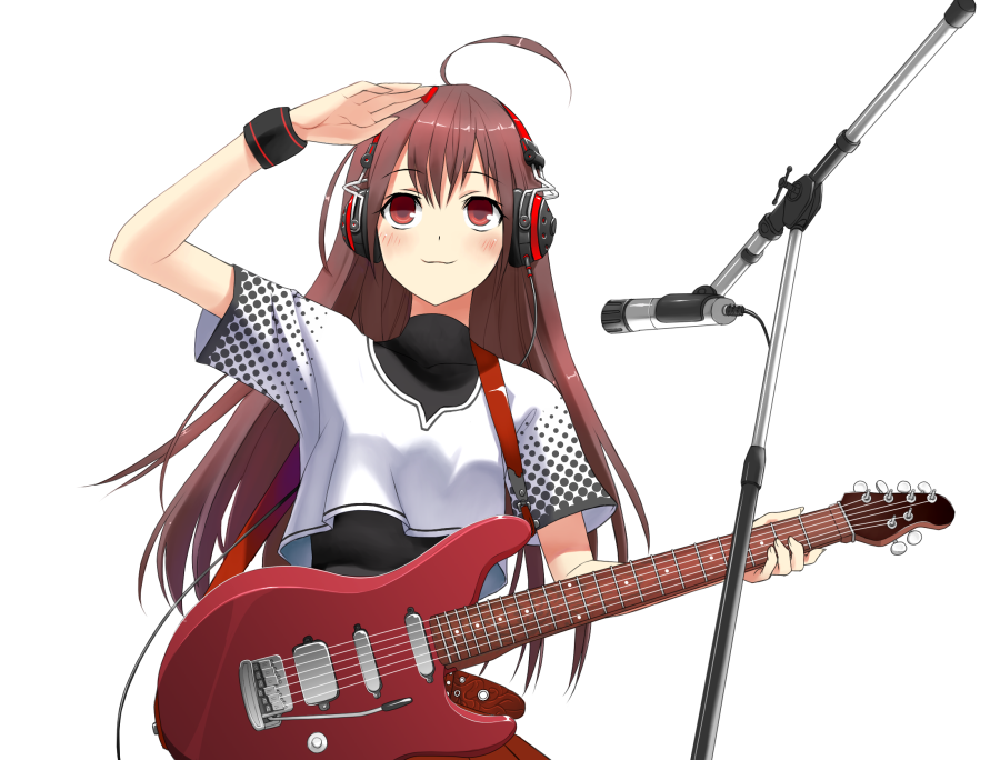1girl, ahoge, brown_hair, guitar, headphones, instrument, long_hair, microphone, microphone_stand, red_eyes, shiden, simple_background, solo, soloist_(guitar), studio_microphone, wristband