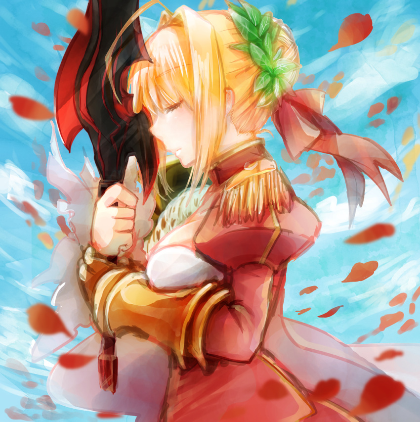 1girl, aestus_estus, ahoge, blonde_hair, closed_eyes, dress, epaulettes, fate/extra