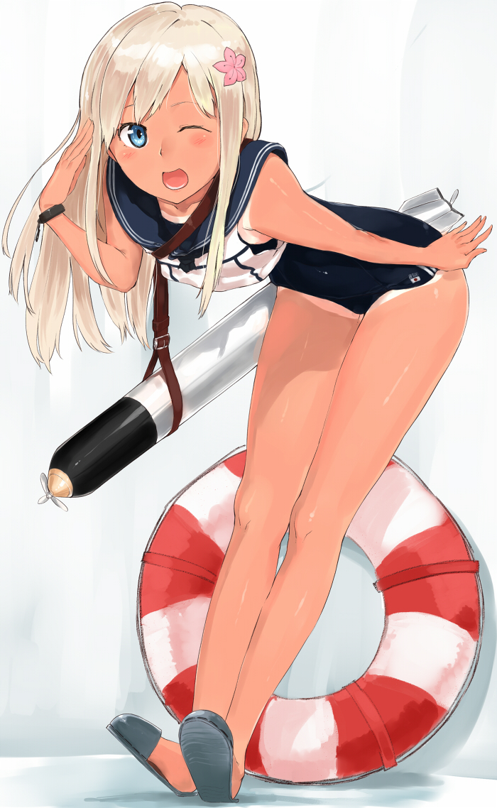 1girl, blonde_hair, blush, japanese_flag, kantai_collection, life_preserver, long_hair, one_eye_closed