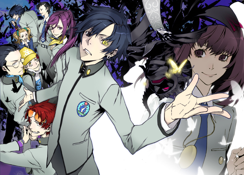 ayase_yuka, beanie, butterfly, everyone, glasses, glow, glowing, goggles, hat, heterochromia, inaba_masao, jewelry, kido_reiji, kirishima_eriko, mayuzumi_yukino, miwa_shirou, miwa_shirow, nanjo_kei, nanjou_kei, necklace, necktie, persona, persona_1, school_uniform, sonomura_maki, toudou_naoya, uesugi_hidehiko