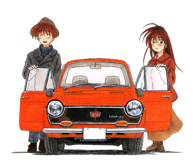 1boy, 1girl, ^_^, blush, brown_hair, car, closed_eyes, coat