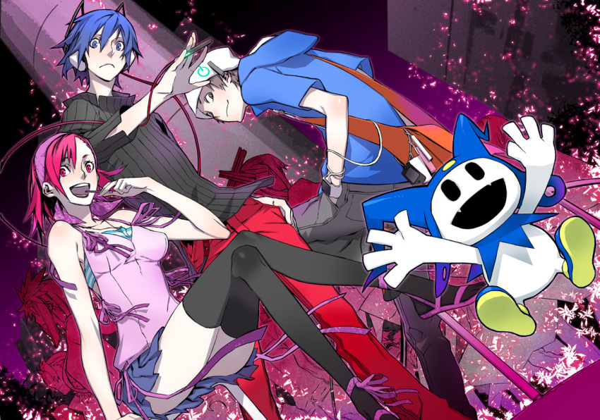 bandana, beanie, black_legwear, black_thighhighs, blue_eyes, blue_hair, brown_hair, cable
