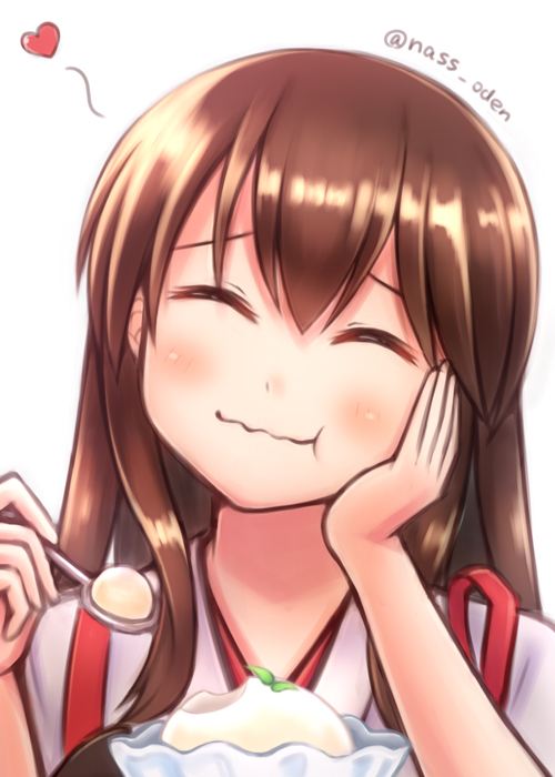 1girl, akagi_(kantai_collection), brown_hair, closed_eyes, dessert, eating, food, japanese_clothes, kantai_collection, long_hair, n@ss, wavy_mouth