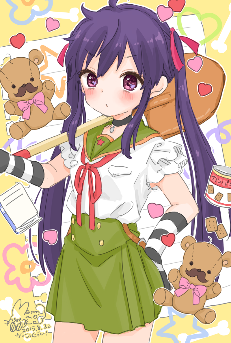 1girl, can, canned_food, choker, ebisuzawa_kurumi, fingerless_gloves, gakkou_gurashi!, gloves, heart, long_hair, mnmktn, purple_hair, school_uniform, shovel, skirt, solo, stuffed_animal, stuffed_toy, teddy_bear, twintails, violet_eyes, worktool