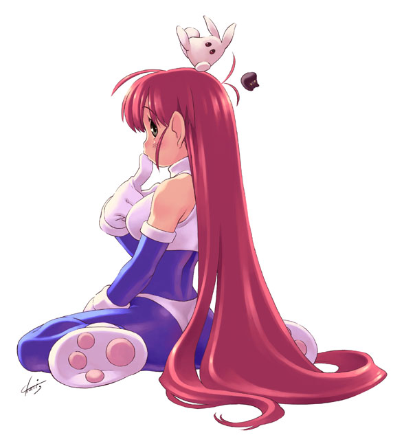 1girl, ahoge, ass, bare_shoulders, blush, bodysuit, detached_sleeves, finger_to_mouth, full_body, galaxy_fight, gloves, green_eyes, long_hair, long_sleeves, profile, redhead, roomi, signature, simple_background, sitting, solo, tanaka_kunihiko, very_long_hair, white_background, white_gloves