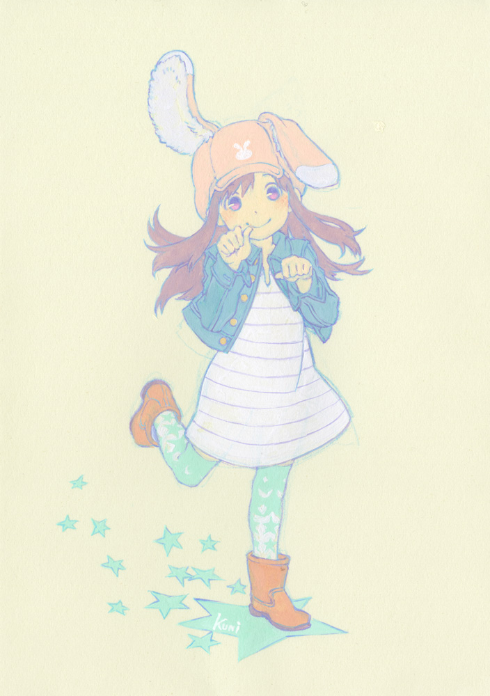 1girl, animal_ears, animal_hat, ankle_boots, aqua_legwear, artist_name, blush, boots