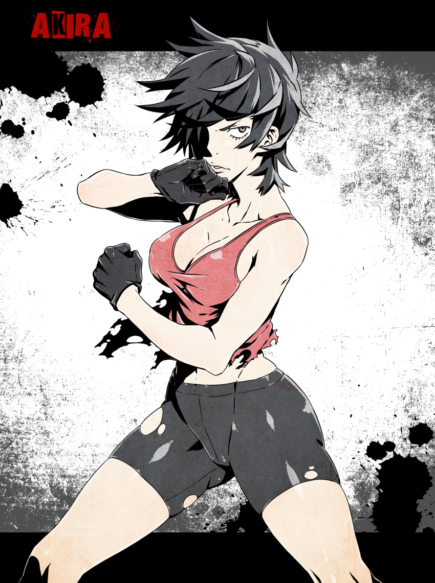 1girl, absurdres, bike_shorts, black_eyes, black_hair, borrowed_character, breasts, cleavage
