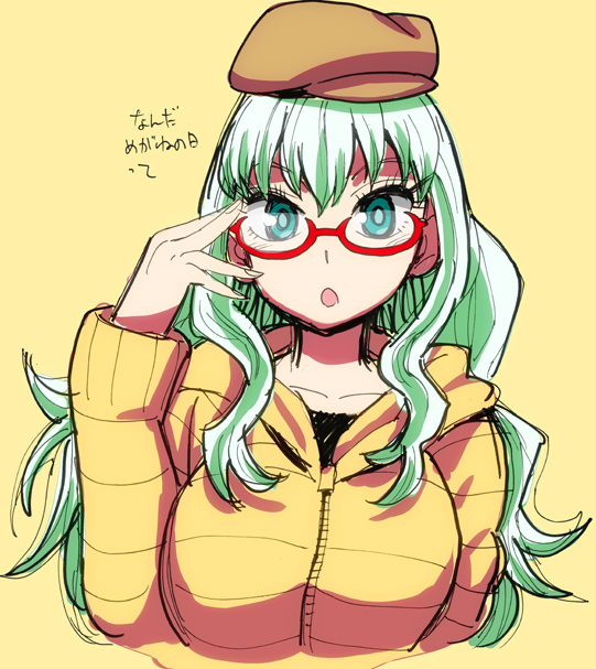 1girl, adjusting_glasses, anima_(samidare), aqua_eyes, bespectacled, breasts, casual, check_translation