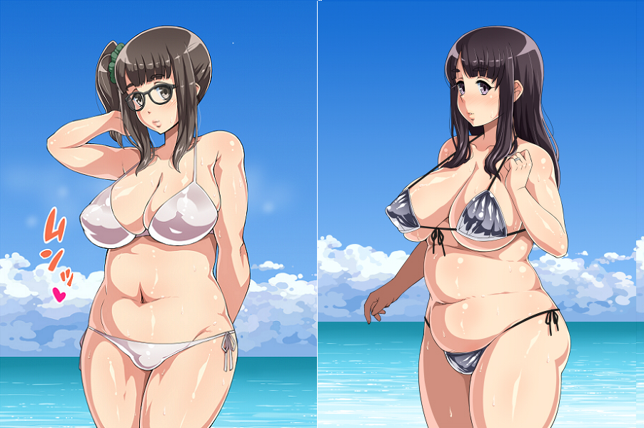 2girls, bikini, breasts, enoshima_iki, glasses, long_hair, multiple_girls, ocean