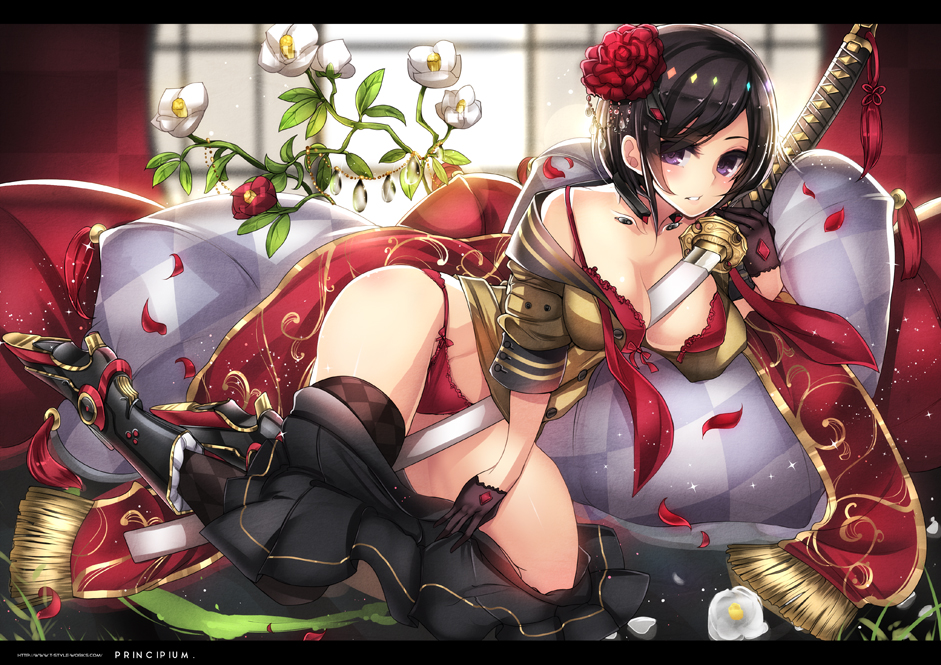 1girl, between_breasts, between_legs, black_hair, blush, bra, breasts, cleavage