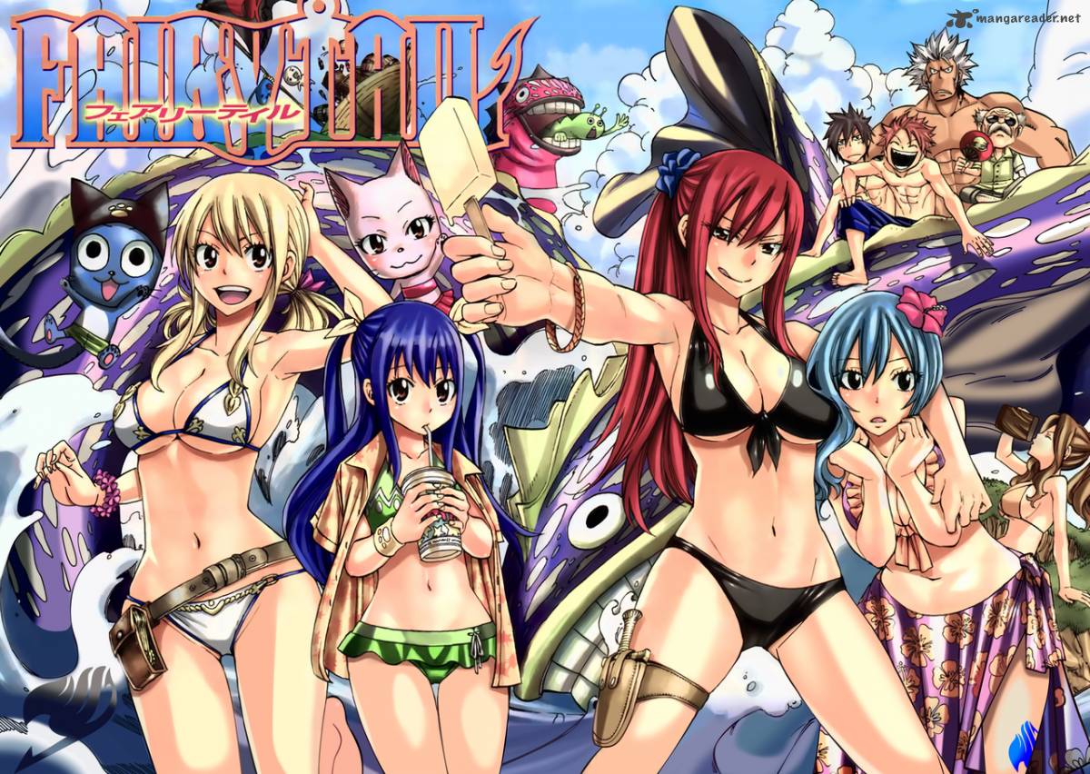 4boys, 5girls, bikini, cat, charle_(fairy_tail), elfman_strauss, erza_scarlet, fairy_tail, food, gray_fullbuster, griffon_kato, happy_(fairy_tail), ice_cream, juvia_lockser, kana_alperona, lucy_heartfilia, makarov_dreyar, mashima_hiro, multiple_boys, multiple_girls, natsu_dragneel, plue, rave, swimsuit, wendy_marvell