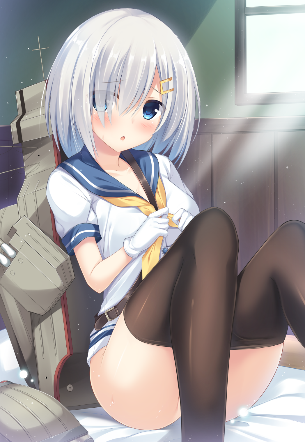 1girl, blue_eyes, blush, bottomless, convenient_censoring, hair_ornament, hair_over_one_eye, hairclip