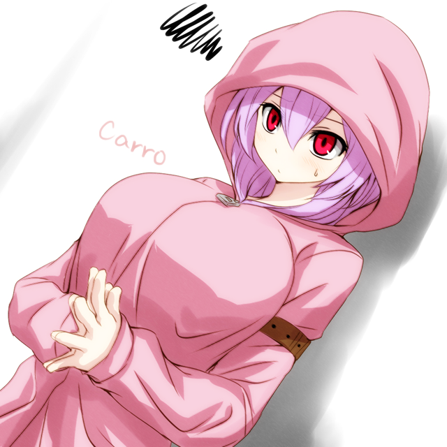1girl, breasts, hands_clasped, hoodie_vest, large_breasts, original, pink_hair, red_eyes