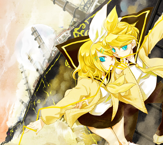 blue_eyes, hair_ornament, hair_ribbon, hairclip, hoshino_hitsuki, kagamine_len, kagamine_rin, ninn