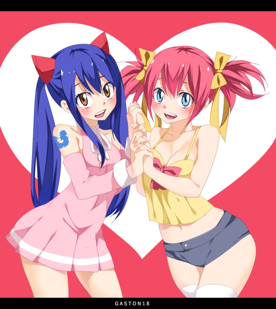 2girls, blue_eyes, blue_hair, blush, bow, brown_eyes, chelia_blendy, detached_sleeves