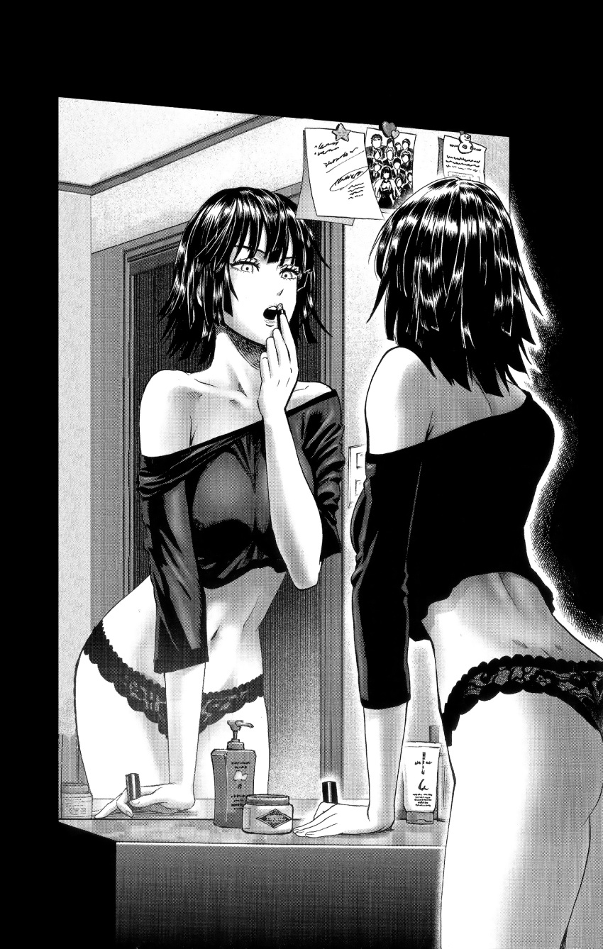 1girl, absurdres, ass, bare_shoulders, black_hair, black_panties, fubuki_(onepunch_man), highres
