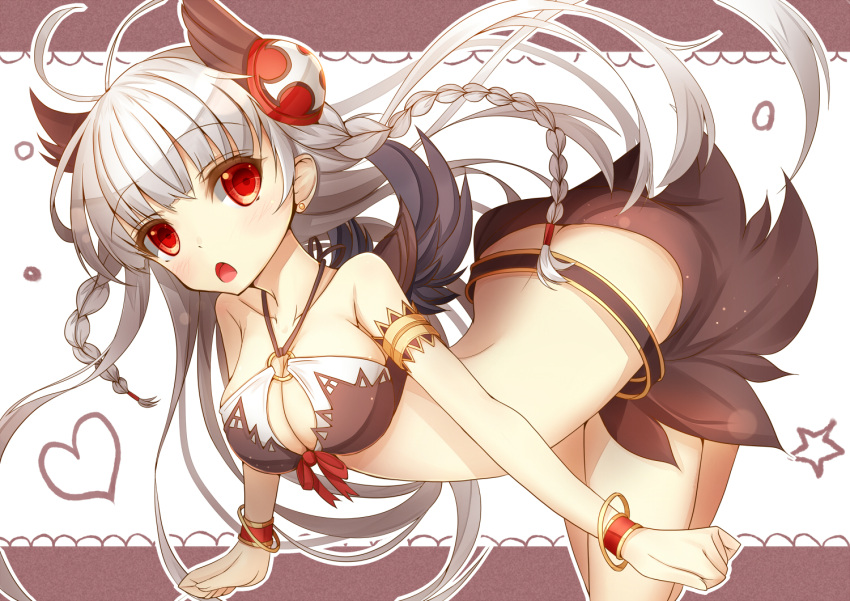 1girl, arm_garter, bare_shoulders, bracelet, braid, breasts, cleavage, commentary_request, dark_valkyrie_(p&amp;d), heart, jewelry, long_hair, medium_breasts, open_mouth, puzzle_&amp;_dragons, red_eyes, skirt, solo, tatapopo, twin_braids, valkyrie_(p&amp;d), white_hair