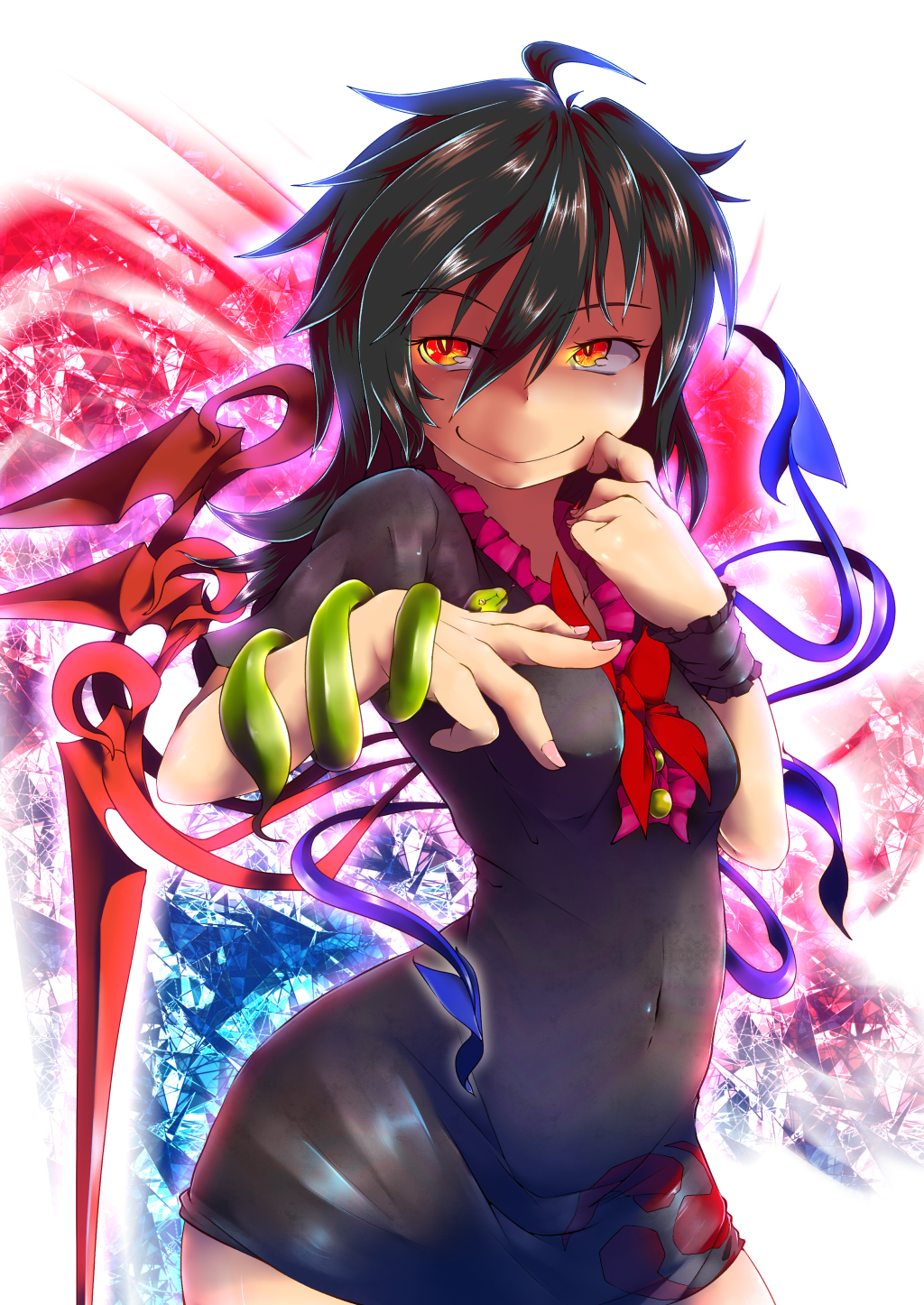 1girl, asymmetrical_wings, black_hair, covered_navel, dress, highres, houjuu_nue, orange_eyes