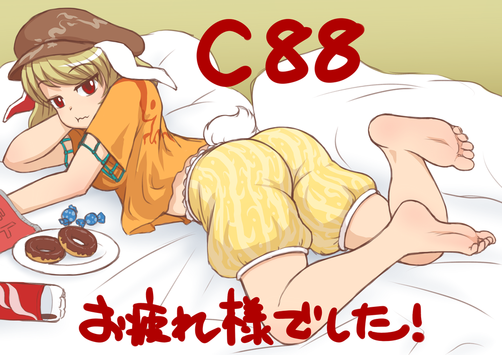 1girl, animal_ears, barefoot, brown_hair, bunny_tail, candy, doughnut, feet