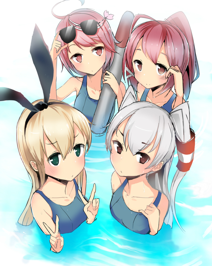 amatsukaze_(kantai_collection), blonde_hair, blue_eyes, grey_eyes, guranyto, i-168_(kantai_collection), i-58_(kantai_collection), kantai_collection