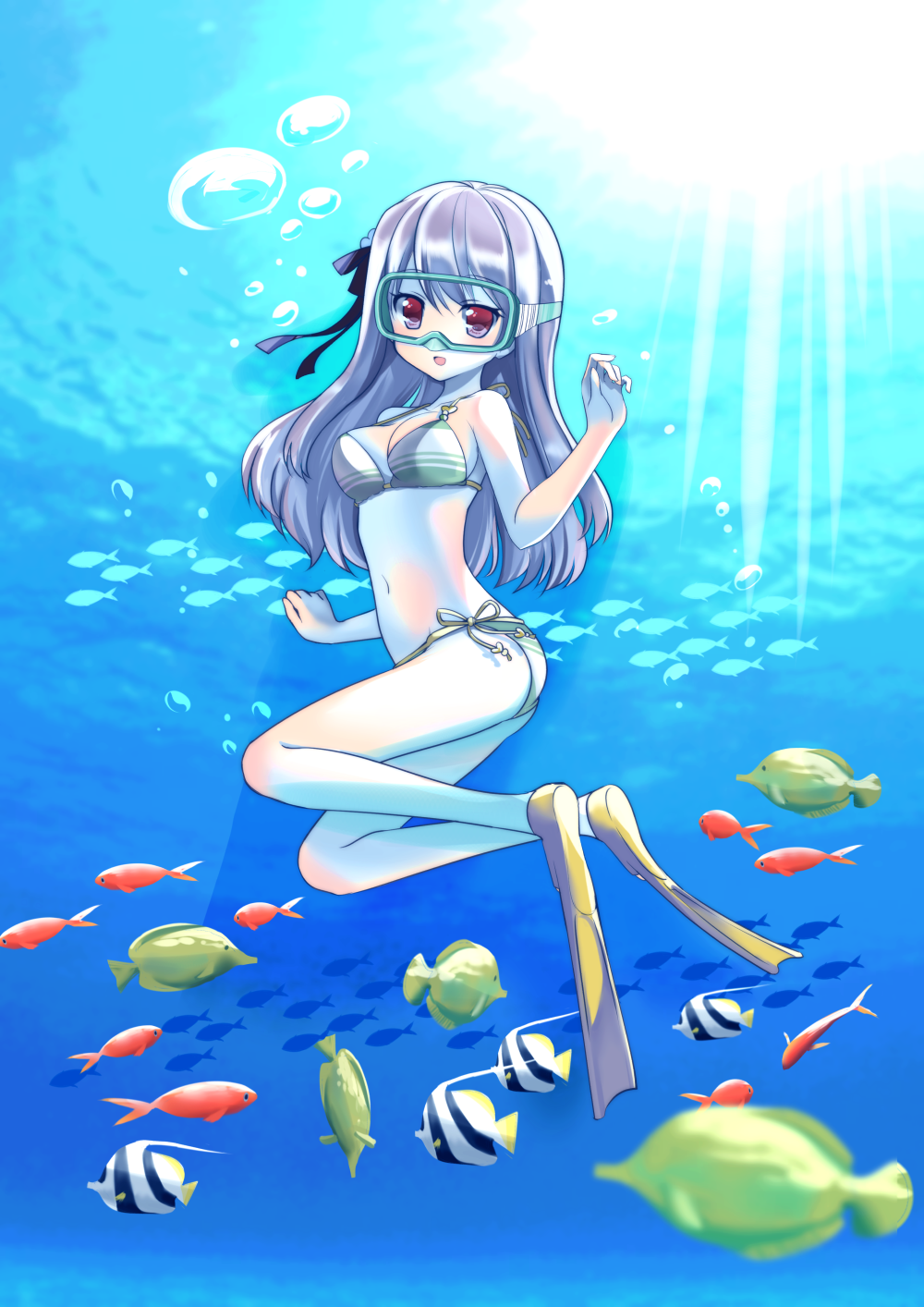 1girl, bikini, bubble, diving, diving_mask, fish, flippers, freediving