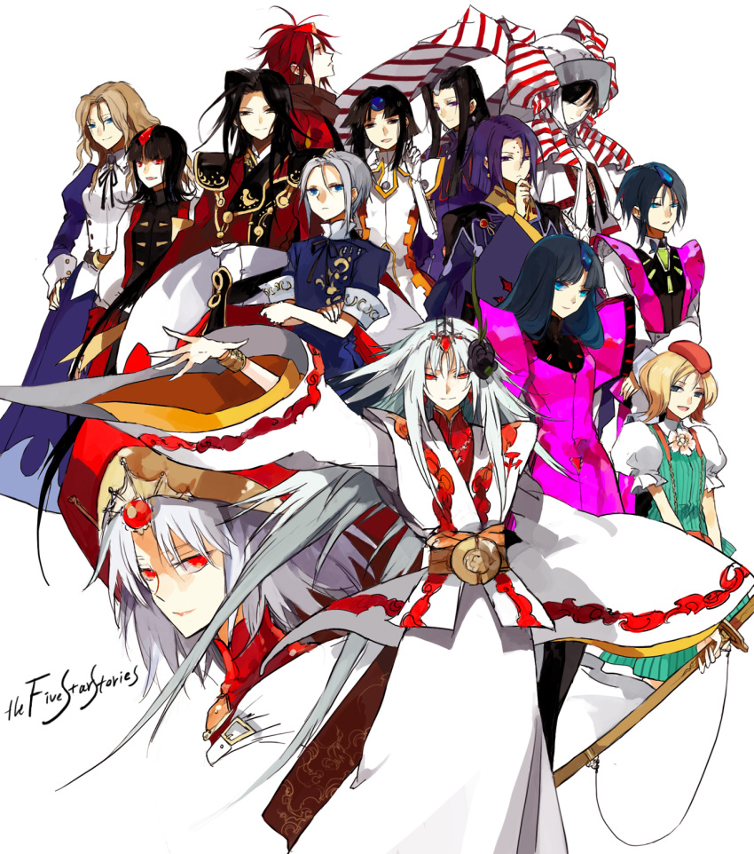 alekto, amaterasu_(five_star_stories), aqua_eyes, atoropos_(five_star_stories), beret, black_hair, blonde_hair, blue_eyes