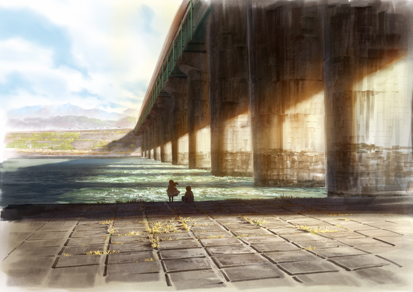 1boy, 1girl, bridge, highres, original, river, riverbank, scenery