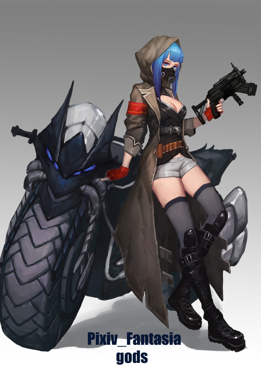 1girl, blue_eyes, fingerless_gloves, gas_mask, gloves, gods_(1073337800), gun, highres, hooded_jacket, long_hair, motor_vehicle, motorcycle, original, pixiv_fantasia, pixiv_fantasia_t, short_shorts, shorts, solo, thigh-highs, vehicle, weapon