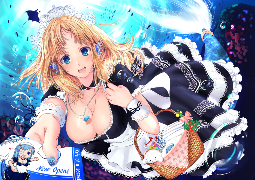 1girl, aqua_eyes, basket, blonde_hair, breasts, bubble, cleavage, dc24v