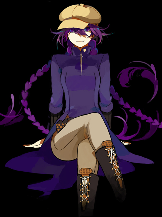 braid, cabbie_hat, crossed_legs, hat, ishimaru_kouta, long_hair, purple_eyes, purple_hair