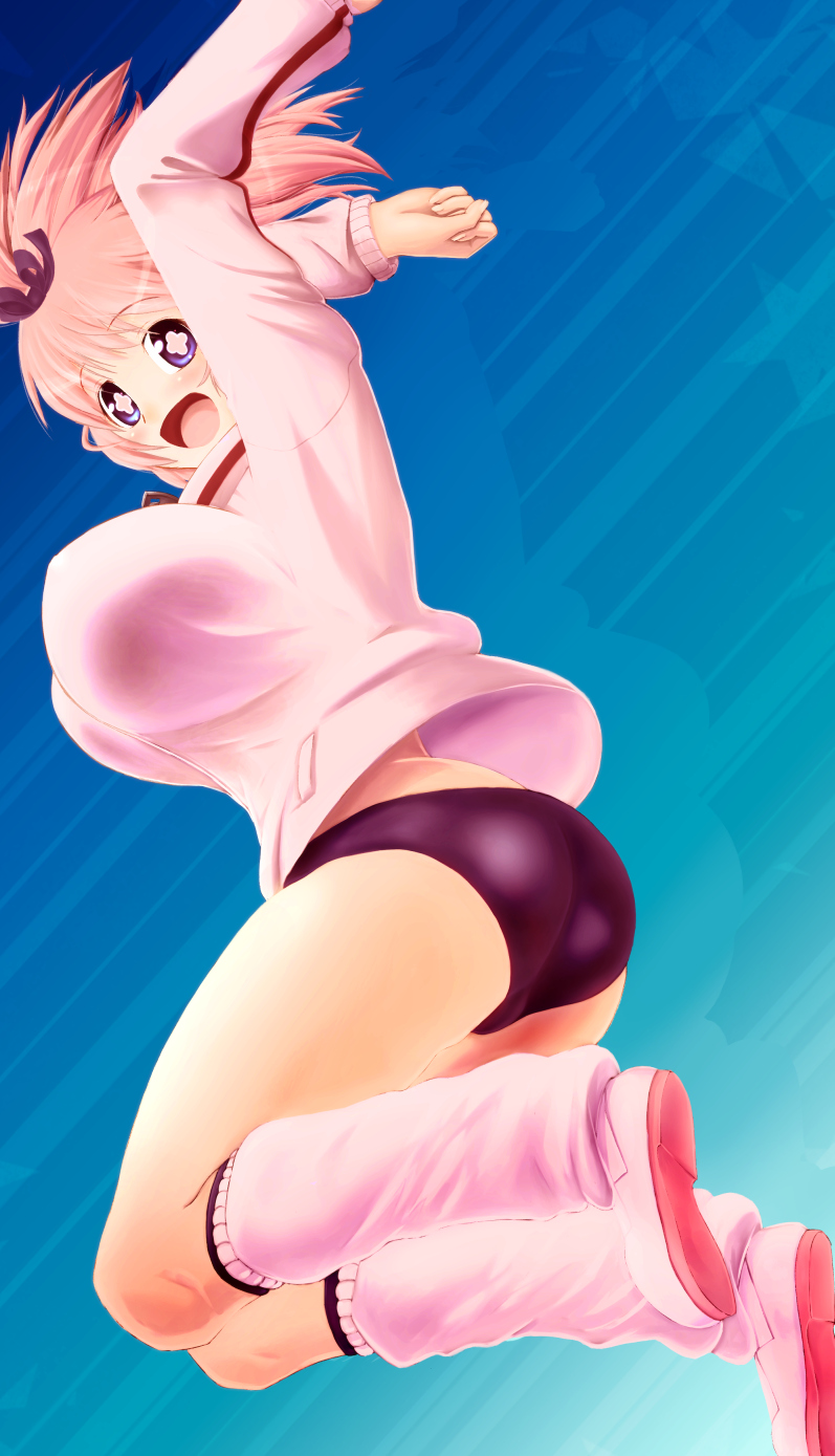 +_+, 1girl, ass, blue_eyes, blush, bow, breasts, buruma, hair_bow, hibari_(senran_kagura), highres, jumping, large_breasts, looking_at_viewer, oki_(okiraku_jidaraku), open_mouth, pink_hair, senran_kagura, senran_kagura_(series), short_hair, short_twintails, smile, solo, symbol-shaped_pupils, track_jacket, twintails