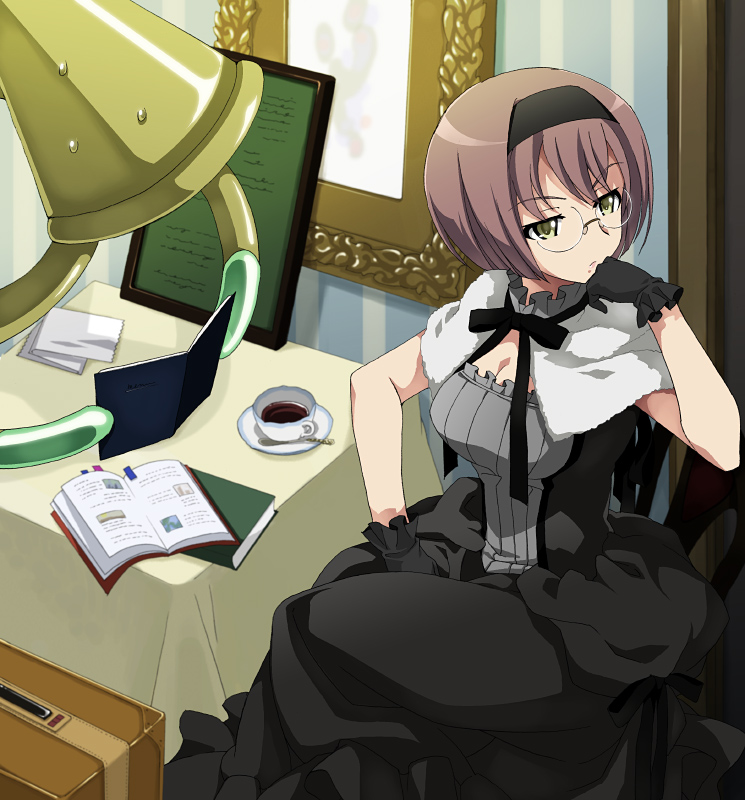 benkei, book, brown_hair, chin_rest, dress, glasses, gloves, hairband