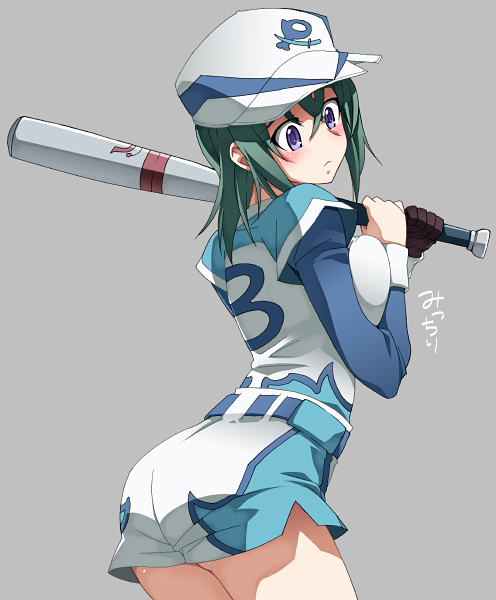 baseball_bat, baseball_cap, baseball_uniform, blue_eyes, blush, breast_press, breasts, gloves