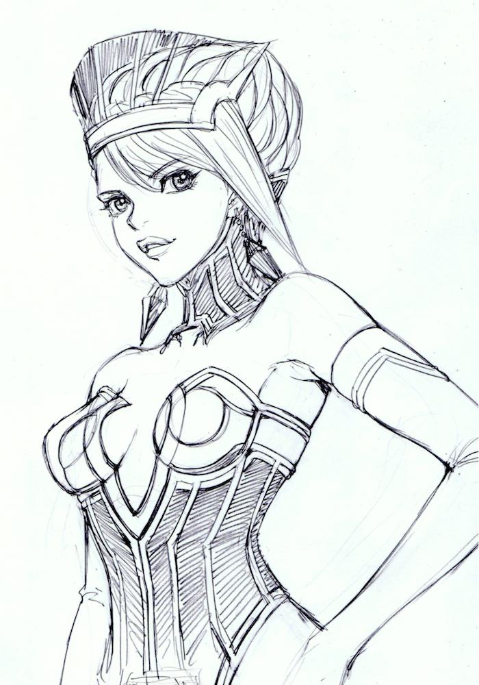 1girl, blue_rose_(tiger_&amp;_bunny), elbow_gloves, gloves, hat, karina_lyle, pen_(medium), short_hair