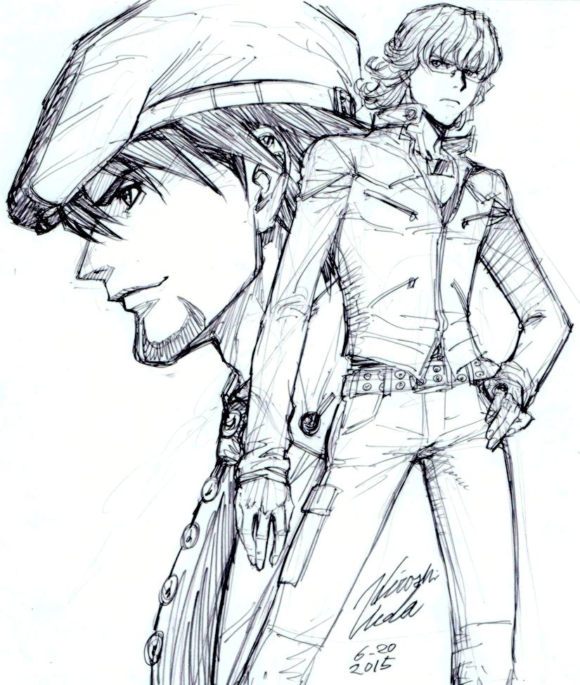 2boys, barnaby_brooks_jr, cabbie_hat, glasses, graphite_(medium), hat, jacket, kaburagi_t_kotetsu