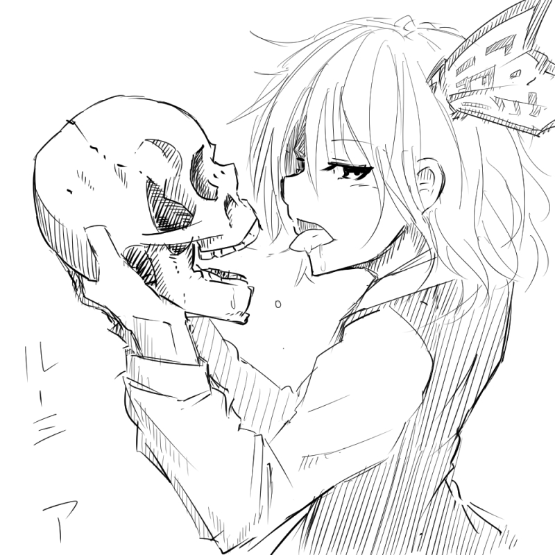 1girl, 370ml, check_translation, hair_ribbon, kiss, looking_at_viewer, monochrome, open_mouth